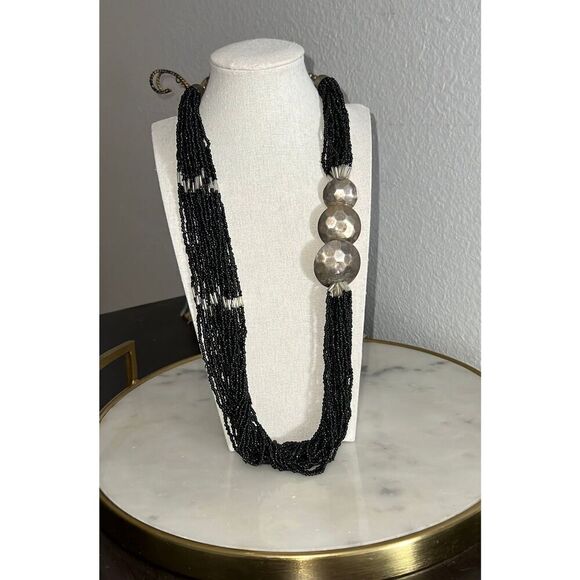 Vintage silver tone necklace statement black seed beads clear beads discs EUC - Picture 1 of 4
